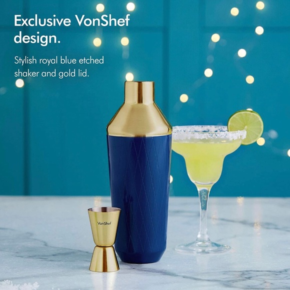 VonShef Blue Gold Cocktail Shaker, 21oz Capacity - Picture 2 of 7